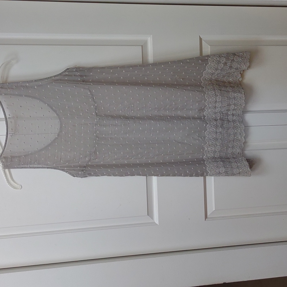 Johnny Was Gray Silk Sheer Swiss Dot Sleeveless Crochet Hem Dress With Silk Slip - Picture 8 of 11